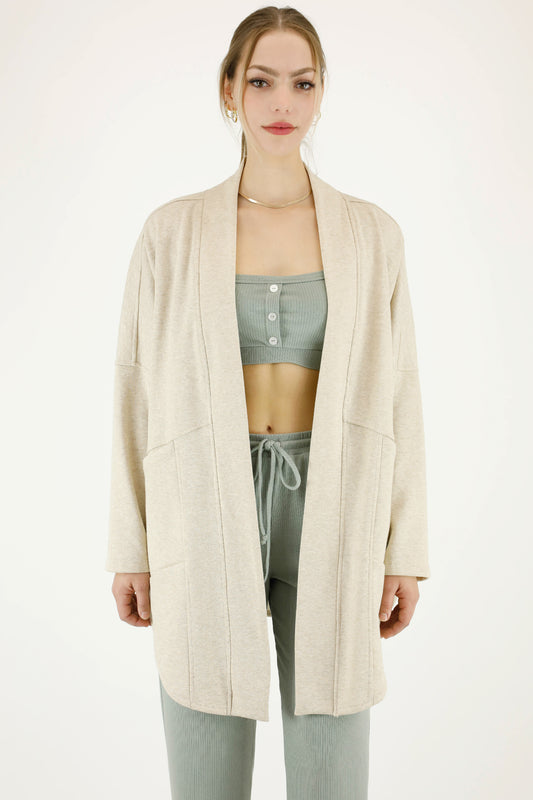 Cotton fleece longline kimono jacket with pockets