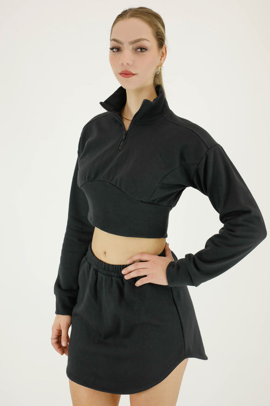 Cotton fleece quarter zip up high neck cropped skinny fit sweatshirt