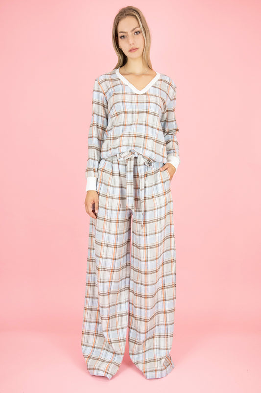 Comfy soft v-neck boxy long sleeve tops with wide leg tied pants set for everyday, loungewear, sleepwear