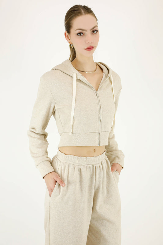 Premium cotton fleece zip up cropped classic hoodie with pockets