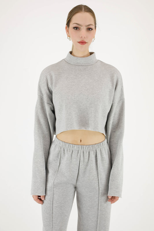 Cotton Fleece High Neck Cropped Relaxed Fit Raw Hem Sweatshirts
