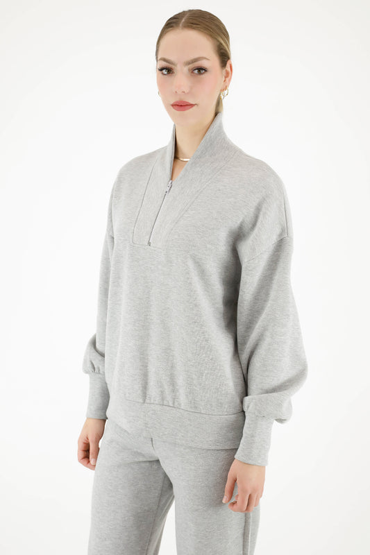 Cotton fleece classic quarter zip pullover sweatshirt with high collar