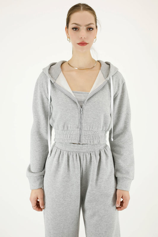 Premium cotton fleece zip up cropped classic hoodie with elastic hem bottom