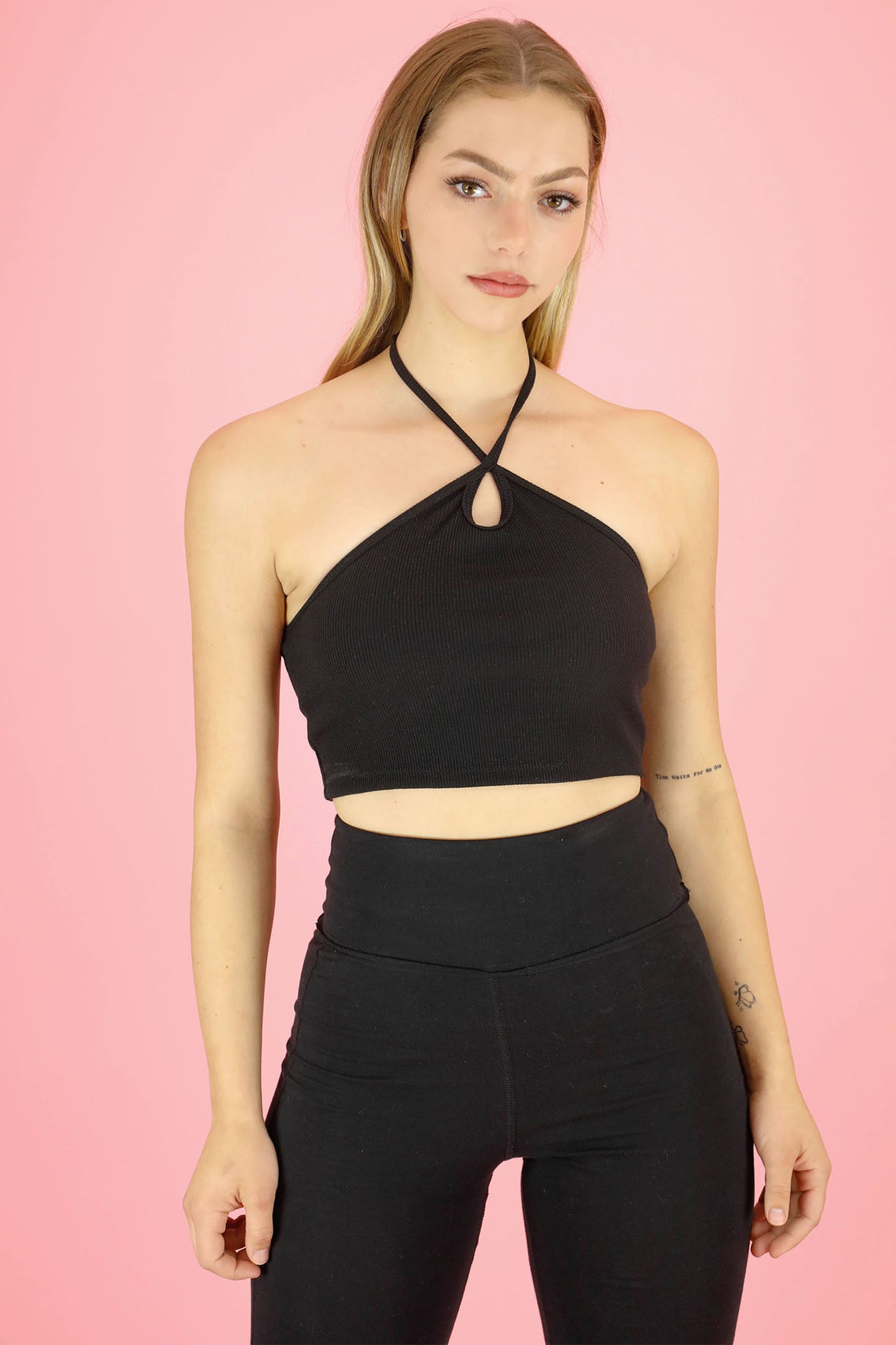 Thin String Halter Neck Crop Top with Front Keyhole Detail in Rib S / Black